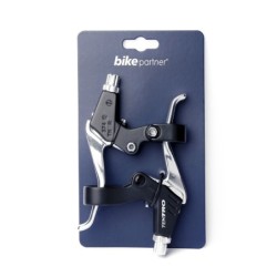 Bremsegrebssæt (sort/sølv) i aluminium fra Bikepartner. Til V-bremser & mekaniske  skivebremser. 2 finger greb med reach justeri