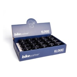 Bikepartner NUVO MINI klokke (sort) i aluminium. Klokken leverer op til 92 dB og den vejer  27 gr. Leveres i displayboks til dis