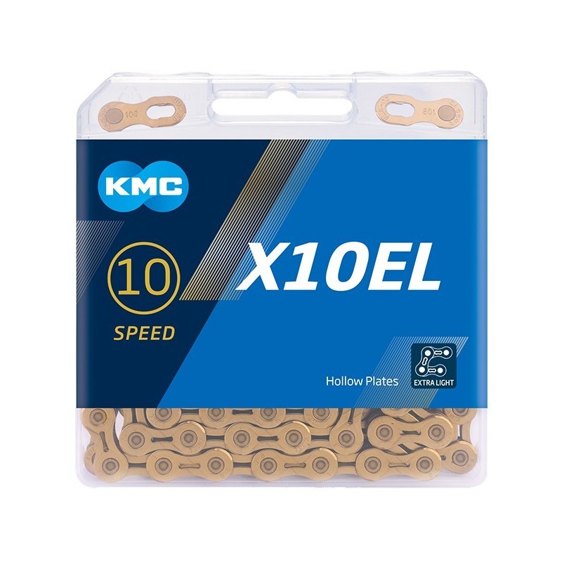 Kæde (gold) fra KMC model X10EL, 114 led. 10 speed Exttra Light (XL), vægt 253 g. Ti-N   Titanium Nitride coating, ultra glat ov