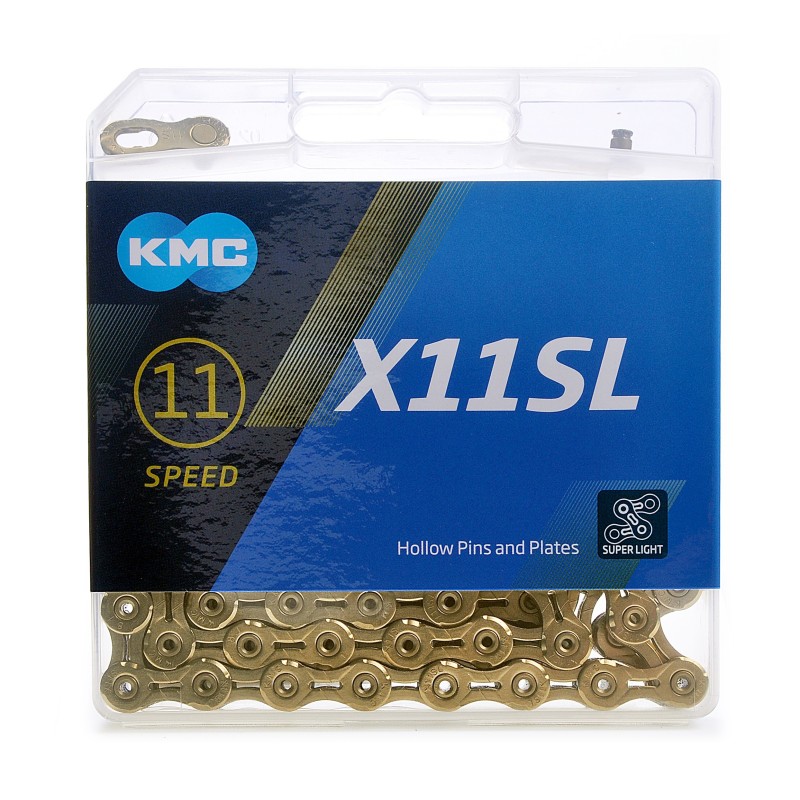 Kæde (gold) fra KMC model X11SL, 118 led. 11 speed super light (SL), vægt 256 g. Ti-N  Titanium Nitride coating, ultra glat over