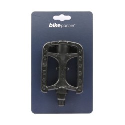 BikePartner pedalsæt 9/16. Holdbar og let pedal støbt i ét stykke, kompositmateriale, stål aksel & dobbelt reflekser. Vægt: 320