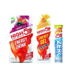H5 750 ml. flaske med indhold: 1 x Energy drink Berry (47gr.), 1 x Zero tropical (rør med 10 stk.) 1 x EnergyGel orange m. koffe