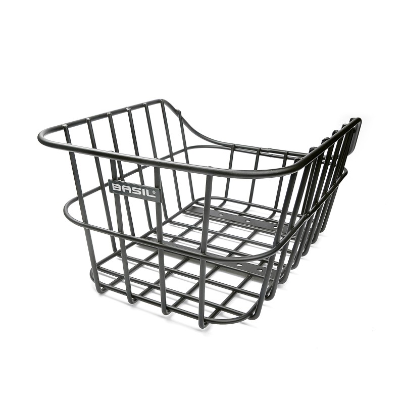 Basil Cento Alu cykelkurv bag – sort aluminiums kurv med skrånende sider og fast montering