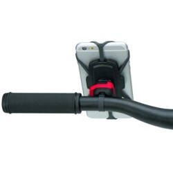 Telefonholder monteret på cykelstyr, telefonholder set fra siden, KLICKFIX PHONEPAD QUAD MINI monteret på styr