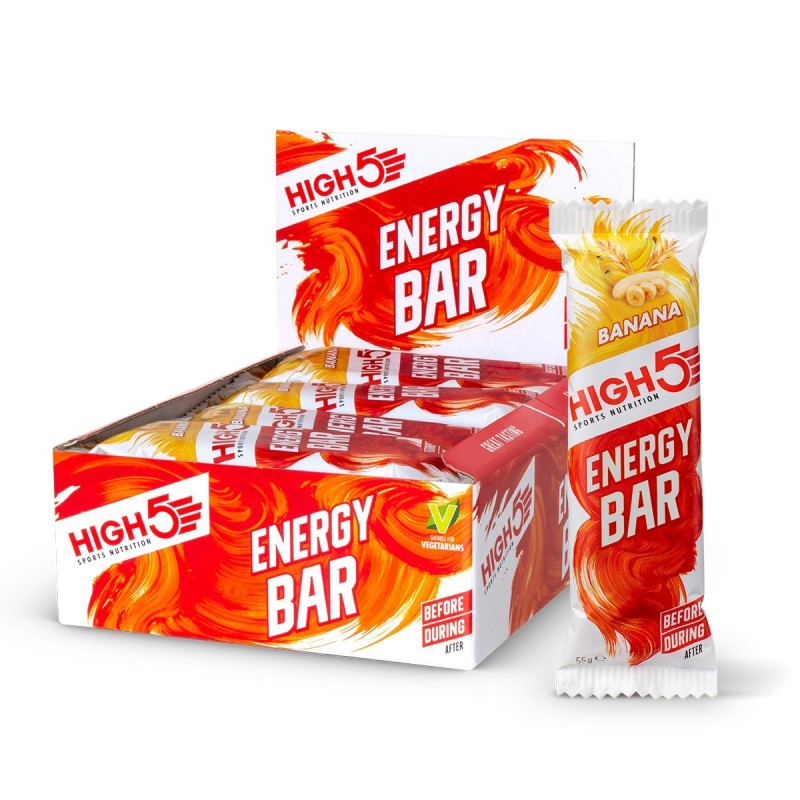 High5 Energy Bar banana 55 gr. Energibar med banansmag. Kasse med 25 stk.