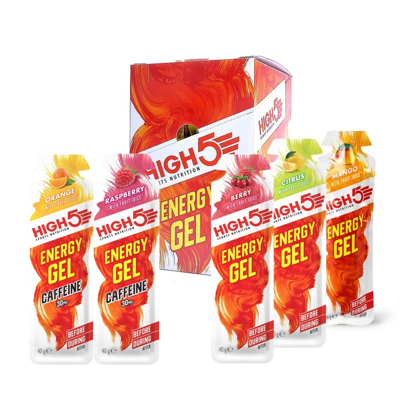 HIGH5 Energy Gel Mix Box – 20 stk. energigel i citrus, banan, bær, orange plus og hindbær plus
