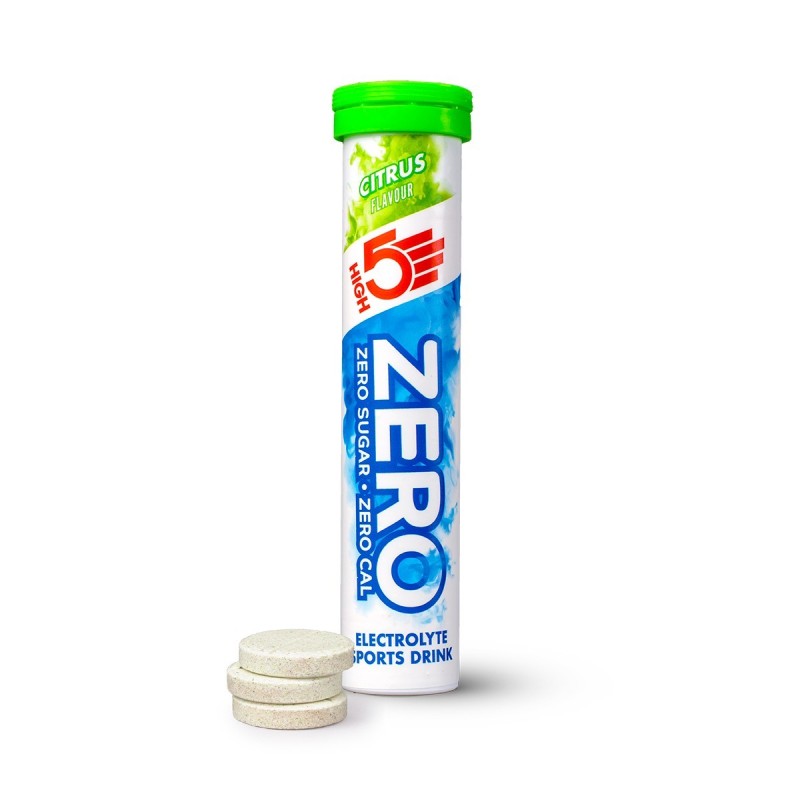 High5 Zero Citrus 8 rør x 20 tabs forfra, High5 Zero Citrus tabletter opløst i vand, High5 Zero Citrus rørsæt med emballage