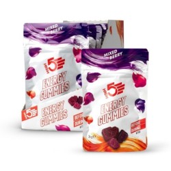 High5 Gummies med mixed bærsmag. 10 x 6 stk. 26 gr. i poser der kan lukkes igen. 21 gr kulhydrat, elektrolytter og B6 vitamin