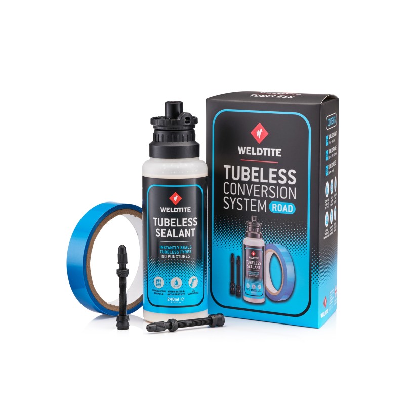 Tubeless Conversion System - Road Weldtite 2x55 mm prestaventil,10 m. x 19 mm. tubeless tape og 240 ml. tubeless tire sealant