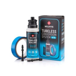 Tubeless Conversion System - MTB Weldtite 2x55 mm prestaventil, 10 m. x 24 mm. tubeless tape og 240 ml. tubeless tire sealant.