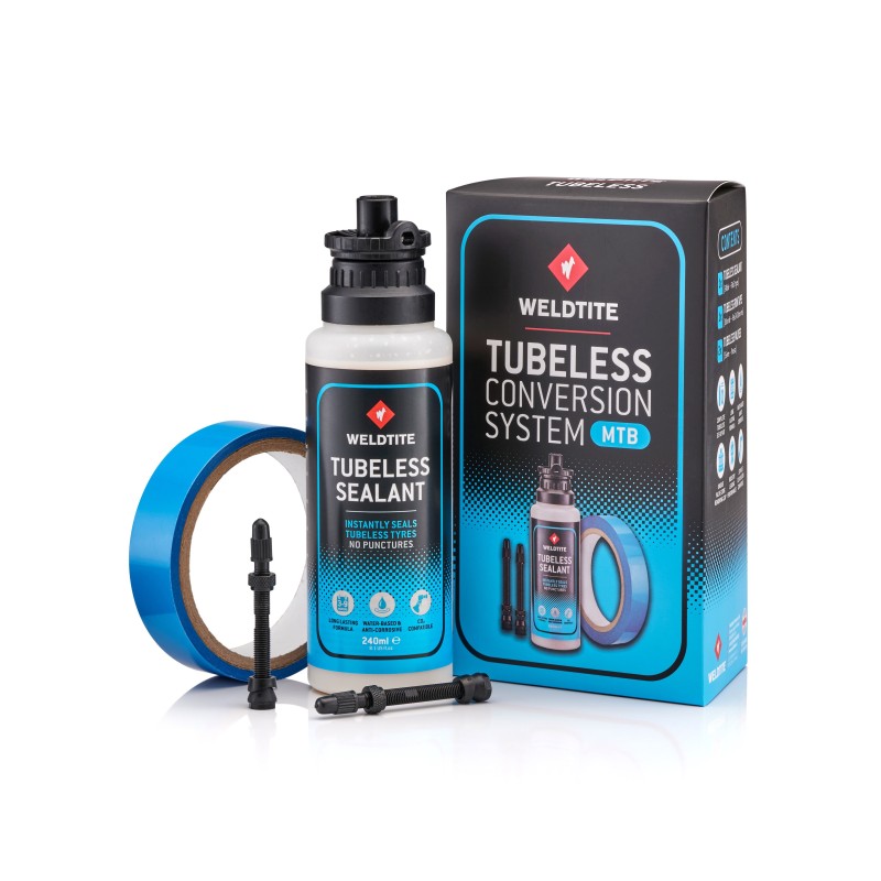 Tubeless Conversion System - MTB Weldtite 2x55 mm prestaventil, 10 m. x 24 mm. tubeless tape og 240 ml. tubeless tire sealant.