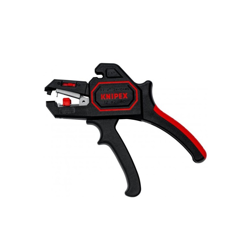 Knipex afisoleringstang. Til enkelt-, fler- og  finstrengede kabler på 0,2 op til 6 mm². Justerbar længdestop fra 6,0 - 18,0 mm