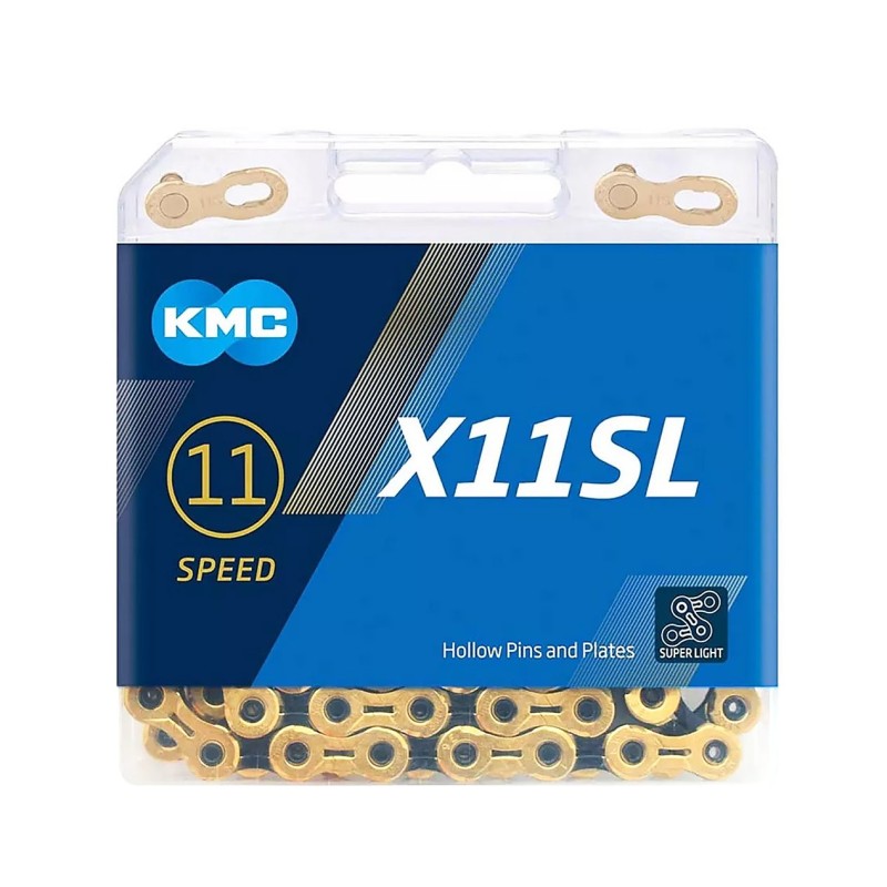 KædeKMC model X11SL (gold) 11-speed, 118 led. Super Light (SL), vægt 256 g. Ti-N  Titanium Nitride coating, Waxed.