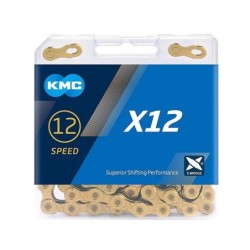 Kæde KMC X12 Ti-N (gold) 12-speed, 126 led Titanium-nitide, waxed, vægt: 307 g leveres i æske.