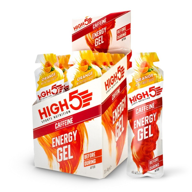 High5 Energy Gel Plus 40gr (32 ml) Orange Plus 20 stk, m. koffein Bedst før 31-12-24