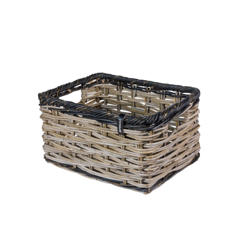 Basil Dijon L cykelkurv rattan – grå/sort frontkurv 49x36x27 cm med håndtag