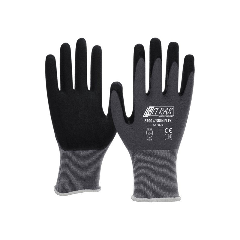 Skin Flex Montagehandske med godt greb- god åndbar handske med nitrilbelægning. STR 10/XL Farve: Grå/Sort - Certificering: EN 38