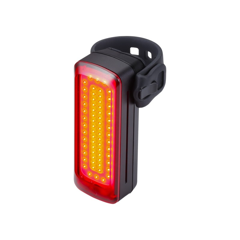 Baglygte BBB SignalPro. Genopladelig (USB-C) med 250 lumen lysstyrke. Brændetid: 21 timer (maks.).  Lystilstande:  Dayflash, Fla