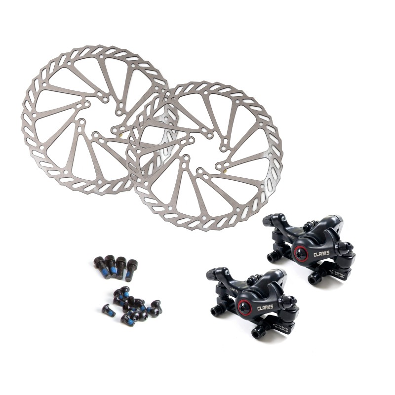 CLARKS skivebremsesæt (mekanisk). Komplet sæt med 2 x bremsekaliber,  2 x 160 mm bremseskiver,  2 x adapter til IS til postmount