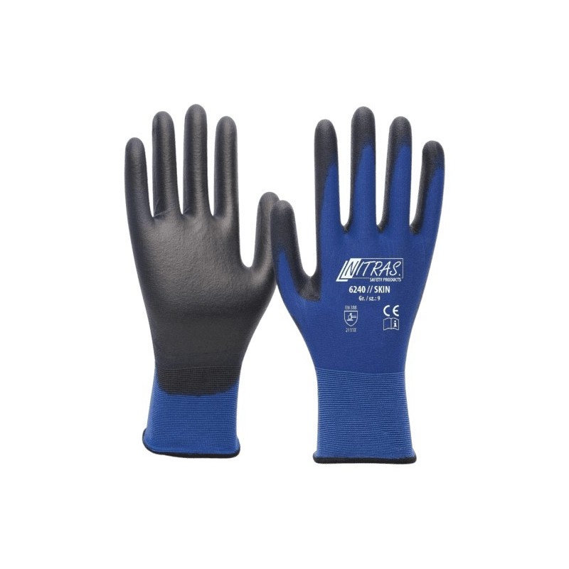 Ultra Let arbejdshandske med polyurethan beklædt håndflade og elastisk nylonmanchet. Str 8/M  Farve: Blå/Sort - Certificering: E